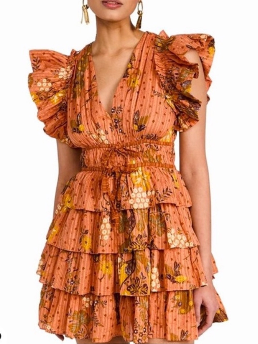 Ulla Johnson bohemian Marni tiered floral mini ruffle orange dress size 14